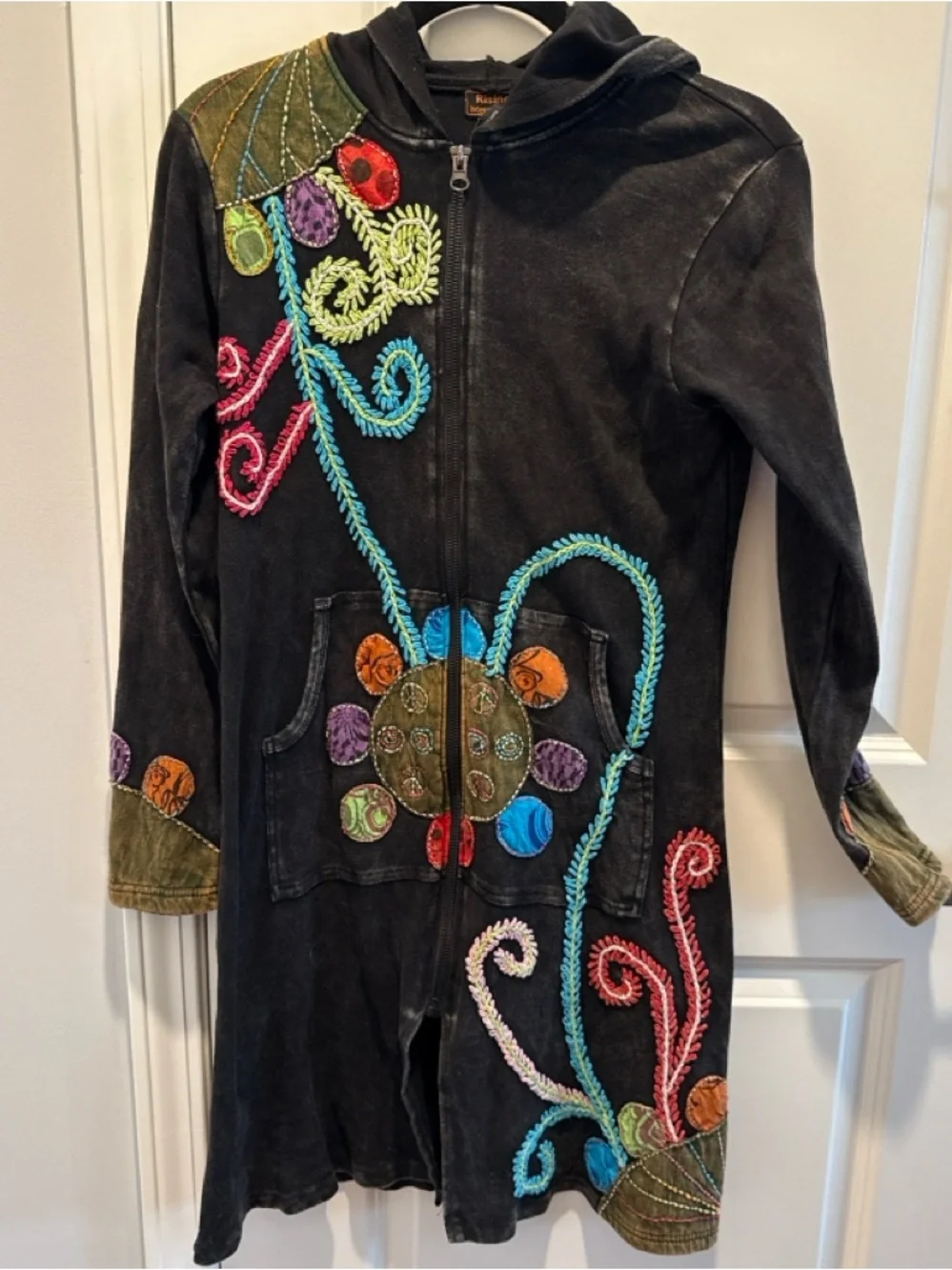 Rising International Black Hooded Zip-Up Coat with Multicolor Embroidery - Picture 1 of 3
